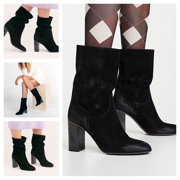 Free People Black Suede Slouchy Boots Sz 41 11 Dakota Stacked Block Heel Pull On - Picture 2 of 14
